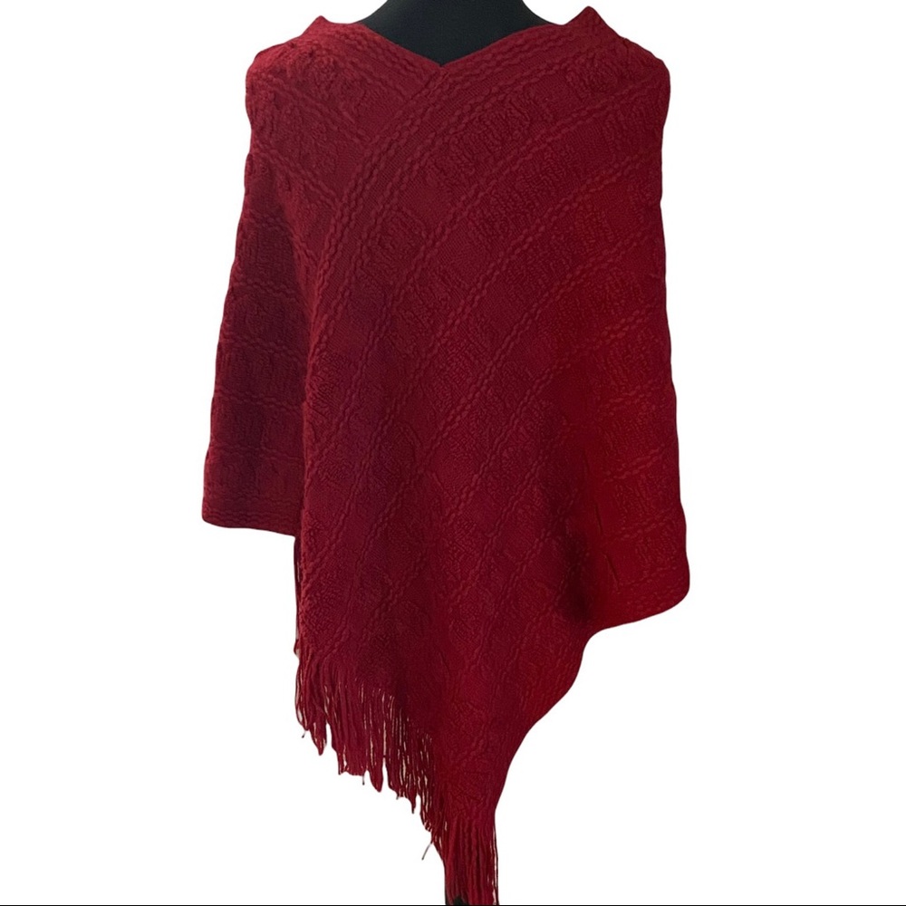 Knit Sweater Poncho Red Fringe Trim OS - Picture 4 of 6